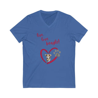 Live, Love, Beagle Unisex V-Neck Tee in True Royal. The Live, Love, Beagle design features a dog running through a heart with the phrase "Live, Love, Beagle!" above it.