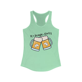 Beagle-Thirty Mugs Women's Racerback Tank in Mint. The front of shirt showcases Two Dog Adorned Mugs clinking with the saying, "It's Beagle-Thirty" above it. Back of shirt features corresponding Benefit Beagle Logo.