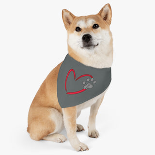 Dog wearing the Live, Love, Beagle Dog Collar Bandana in Grey. The Live, Love, Beagle design features a heart with a paw print. Comes with black adjustable collar. 