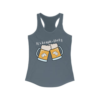 Beagle-Thirty Mugs Women's Racerback Tank in Indigo. The front of shirt showcases Two Dog Adorned Mugs clinking with the saying, "It's Beagle-Thirty" above it. Back of shirt features corresponding Benefit Beagle Logo.