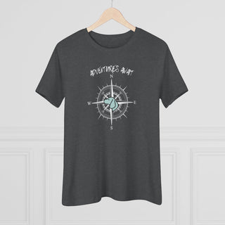 Adventures Await Women's Premium Tee in Asphalt. The front of shirt features the Adventures Await design with a dog inside a nautical compass and the words "Adventures Await" above it. The back of the shirt has similar Benefit Beagle Logo.