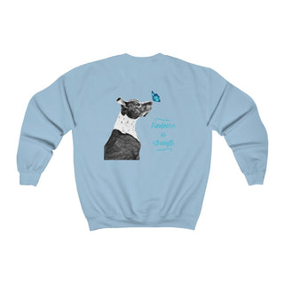 Lincoln Butterfly Unisex Crewneck Sweatshirt in Light Blue. Shown is back of shirt design showcasing profile of a dog with a blue butterfly on its nose and the phrase "Kindness is Strength" next to it. The front of shirt has Benefit Beagle Logo kissed by a Butterfly.