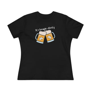 Beagle-Thirty Mugs Women's Premium Tee in Black. The front of shirt showcases Two Dog Adorned Mugs clinking with the saying, "It's Beagle-Thirty" above it. Back of shirt features corresponding Benefit Beagle Logo.