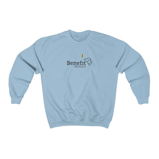 Bee Pawsitive Unisex Crewneck Sweatshirt in Light Blue. The front of shirt features the Bee Pawsitive Benefit Beagle Logo. The back of shirt showcases a dog dressed as a bee in a field of sunflowers with "Bee Pawsitive" written above.