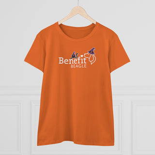 A slightly more fitted take of a classic short sleeve cotton tee. This contoured silhouette is made out of a soft, light cotton. Front side shown in Orange with a Seasonal Benefit Beagle Logo Design. Back side showcases Wide Eyed Cartoon Cat wearing Purple Hat Standing over Broom. "Crossing Paths Since 1692". Purrfect for Halloween, or anytime!