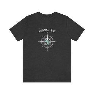 Adventures Await Unisex Jersey Short Sleeve Tee in Dark Grey Heather. The front of shirt features the Adventures Await design with a dog inside a nautical compass and the words "Adventures Await" above it. The back of the shirt has similar Benefit Beagle Logo.