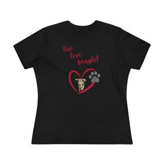 Live, Love, Beagle Women's Premium Tee in Black. The Live, Love, Beagle design features a dog running through a heart with the phrase "Live, Love, Beagle!" above it.