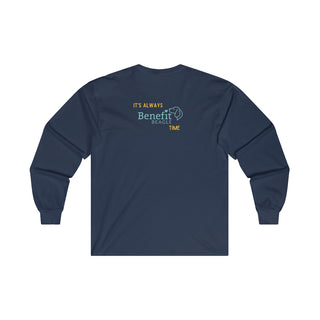 Beagle-Thirty Bottles Unisex Ultra Cotton Long Sleeve Tee in Navy. Shown is back of shirt featuring "Beagle-Thirty" Benefit Beagle Logo. The front Showcases Two Paw Labeled Bottles clinking with, "It's Beagle-Thirty" written next to it.