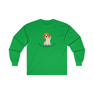 Easily Distracted Ultra Cotton Long Sleeve Tee in Irish Green. Shown is front design featuring a dog waving with the saying "Easily Distracted by Dogs" below it. The back of shirt has the classic Benefit Beagle Logo.