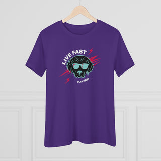 Play Hard Women's Premium Tee Shirt in Team Purple. The design features a cool dog with sunglasses and lightening bolts around it. The phrase "Live Fast, Play Hard" is around the design.