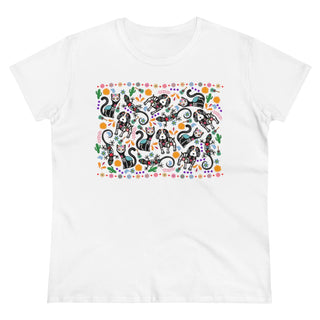 Dia De Los Muertos Women's Midweight Cotton Tee Shirt in White. Shown is the front of shirt featuring print of dogs and cats with Dia de los Muertos traditional decorations. On the back is a similar Benefit Beagle Logo.