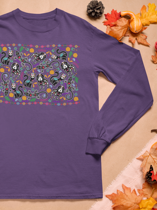 Dia De Los Muertos Unisex Ultra Cotton Long Sleeve Tee Shirt in Purple. Shown is the front of shirt featuring print of dogs and cats with Dia de los Muertos traditional decorations. On the back is a similar Benefit Beagle Logo.