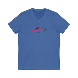 Meow Unisex V-Neck Tee in Royal. Shown is front of shirt with the Benefit Beagle Logo featuring a peeping cat. The back showcases a wide eyed black cartoon cat with the phrase "Chatty Cat" above it.