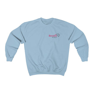 Different Pawspective Unisex Crewneck Sweatshirt in Light Blue. Shown is front of shirt with Benefit Beagle logo in the top corner . On the back is large colorful pawprint with the the phrase "Life is all about finding the beauty in a different pawspective" circled around it.