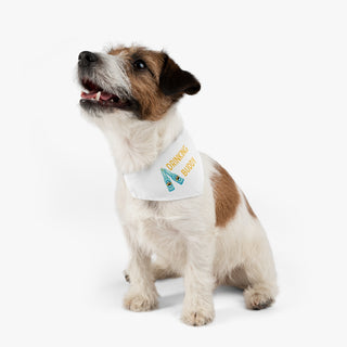 Dog wearing Beagle-Thirty Mugs Dog Collar Bandana in White. The Beagle-Thirty Mugs design features two dog paw labeled bottles clinking with the saying "Drinking buddy". Comes with adjustable black collar.