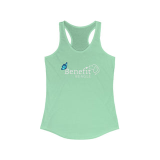 Lincoln Butterfly Women's Ideal Racerback Tank in Mint. Shown is the front of shirt with Benefit Beagle Logo kissed by butterfly. The back of shirt showcases profile of a dog with a blue butterfly on its nose and the phrase "Kindness is Strength" next to it.