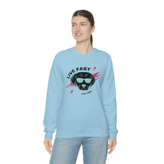 Play Hard Unisex Heavy Blend Crewneck Sweatshirt in Light Blue. The design features a cool dog with sunglasses and lightening bolts around it. The phrase "Live Fast, Play Hard" is around the design.