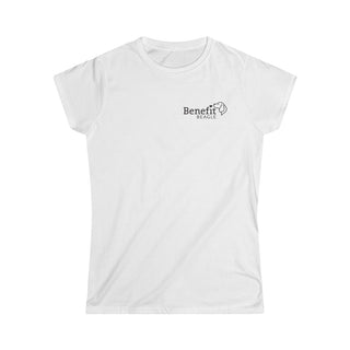 Live in the Moment Women's Softstyle Tee in White. The Live in the Moment design features the Benefit Beagle logo in the top corner of the garment.