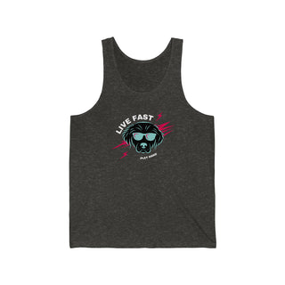 Play Hard Unisex Jersey Tank in Charcoal Black TriBlend. The design features a cool dog with sunglasses and lightening bolts around it. The phrase "Live Fast, Play Hard" is around the design.