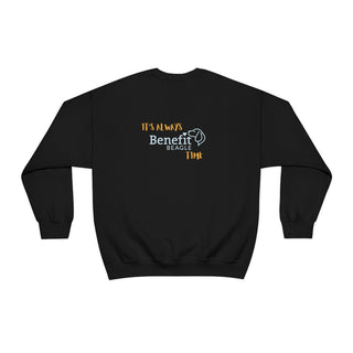 Beagle-Thirty Mugs Unisex Heavy Blend Crewneck Sweatshirt in Black. Shown is back of shirt featuring "Beagle-Thirty" Benefit Beagle Logo. The front Showcases Two Dog Adorned Mugs clinking with, "It's Beagle- Thirty" written above it.