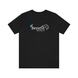 Lincoln Butterfly Unisex Jersey Short Sleeve Tee in Black. Shown is the front of shirt with Benefit Beagle Logo kissed by butterfly. The back of shirt showcases profile of a dog with a blue butterfly on its nose and the phrase "Kindness is Strength" next to it.