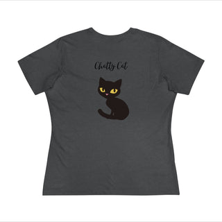 Meow Women's Premium Tee in Asphalt. Shown is back showcasing a wide eyed black cartoon cat with the phrase "Chatty Cat" above it. On front of shirt is the Benefit Beagle Logo featuring a peeping cat.