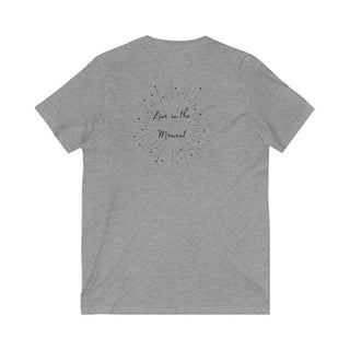 Live in the Moment V-Neck Tee in Athletic Heather. The Live in the Moment design features a graphic on the back with the phrase "Live in the Moment" surrounded by shooting stars.