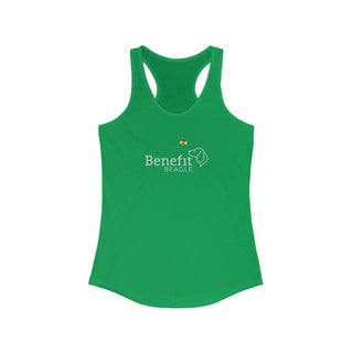 Bee Pawsitive Women's Racerback Tank shirt in Kelly Green. The front of shirt features the Bee Pawsitive Benefit Beagle Logo. The back of shirt showcases a dog dressed as a bee in a field of sunflowers with "Bee Pawsitive" written above.