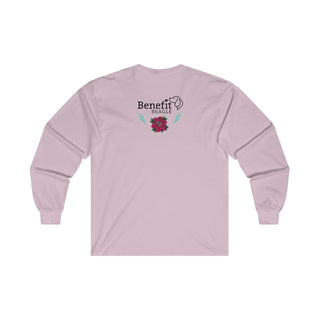 Stay Wild Ultra Cotton Long Sleeve Tee in Light Pink.   Shown is the back of shirt with Benefit Beagle Logo complete with Tattoo Rose. On front of shirt is Stay Wild Design featuring a tattoo style rose with the phrase "Stay Wild, Play Hard" around it.