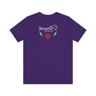 Stay Wild Premium Unisex Tee in Team Purple. Shown is the back of shirt with Benefit Beagle Logo complete with Tattoo Rose. On front of shirt is Stay Wild Design featuring a tattoo style rose with the phrase "Stay Wild, Play Hard" around it.