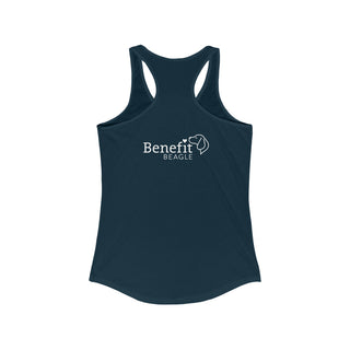 Easily Distracted Women's Racerback Tank in Midnight Navy. Shown is back design with the classic Benefit Beagle Logo. The front design features a dog waving with the saying "Easily Distracted by Dogs" below it.