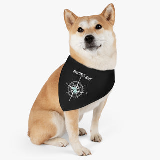 Dog wearing Adventures Await Dog Collar Bandana in Black. The Adventures Await design features a nautical compass with the profile of a dog in the center. Comes with adjustable black collar.