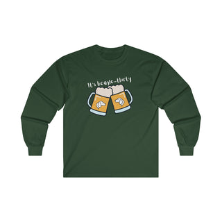 Beagle-Thirty Mugs Unisex Ultra Cotton Long Sleeve Tee in Forest Green. The front of shirt showcases Two Dog Adorned Mugs clinking with the saying, "It's Beagle-Thirty" above it. Back of shirt features corresponding Benefit Beagle Logo.