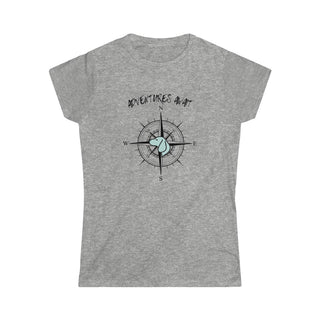 Adventures Await Women's Softstyle Tee in Sport Grey. The front of shirt features the Adventures Await design with a dog inside a nautical compass and the words "Adventures Await" above it. The back of the shirt has similar Benefit Beagle Logo.