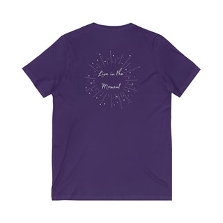 Live in the Moment V-Neck Tee in Team Purple. The Live in the Moment design features a graphic on the back with the phrase "Live in the Moment" surrounded by shooting stars.