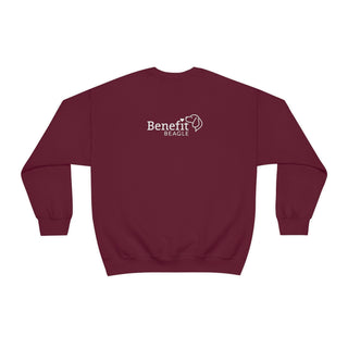 Easily Distracted Unisex Heavy Blend Crewneck Sweatshirt in Maroon. Shown is back design with the classic Benefit Beagle Logo. The front design features a dog waving with the saying "Easily Distracted by Dogs" below it.