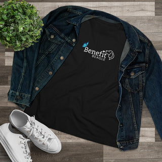 Lincoln Butterfly Women's Premium Tee in Black. Shown is the front of shirt with Benefit Beagle Logo kissed by butterfly. The back of shirt showcases profile of a dog with a blue butterfly on its nose and the phrase "Kindness is Strength" next to it.