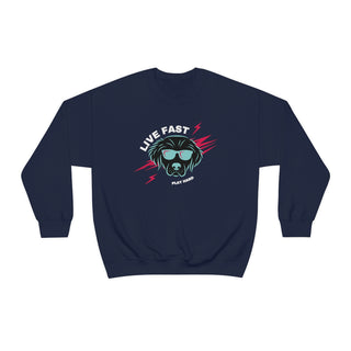 Play Hard Unisex Heavy Blend Crewneck Sweatshirt in Navy. The design features a cool dog with sunglasses and lightening bolts around it. The phrase "Live Fast, Play Hard" is around the design.