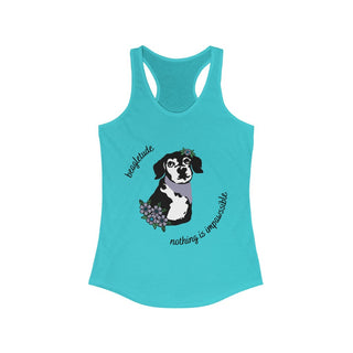 Signature Tattoo Flowers Women's Ideal Racerback Tank in Tahiti Blue. Shown is front of shirt with the Signature Tattoo Flowers design featuring a dog with flowers around it and the phrase "Beagletude" and "Nothing is Impawssible". Back of shirt features the Benefit Beagle Logo.