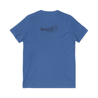 Signature Tattoo Flowers Unisex Jersey Short Sleeve V-Neck Tee in True Royal. Shown is back of shirt with the Benefit Beagle Logo. Front of shirt has the Signature Tattoo Flowers design featuring a dog with flowers around it and the phrase "Beagletude" and "Nothing is Impawssible".