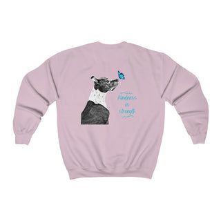 Lincoln Butterfly Unisex Crewneck Sweatshirt in Light Pink. Shown is back of shirt design showcasing profile of a dog with a blue butterfly on its nose and the phrase "Kindness is Strength" next to it. The front of shirt has Benefit Beagle Logo kissed by a Butterfly.