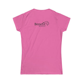 Signature Tattoo Flowers Women's Softstyle Tee in Azalea. Shown is back of shirt with the Benefit Beagle Logo. Front of shirt has the Signature Tattoo Flowers design featuring a dog with flowers around it and the phrase "Beagletude" and "Nothing is Impawssible".