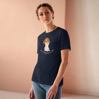 Easily Distracted Women's Premium Tee in Navy. Shown is front design featuring a dog waving with the saying "Easily Distracted by Dogs" below it. The back of shirt has the classic Benefit Beagle Logo.