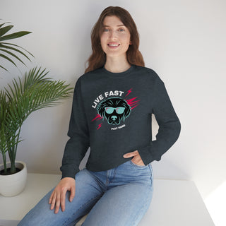 Play Hard Unisex Heavy Blend Crewneck Sweatshirt in Dark Heather. The design features a cool dog with sunglasses and lightening bolts around it. The phrase "Live Fast, Play Hard" is around the design.