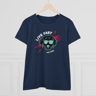 Play Hard Women's Midweight Cotton Tee shirt in Navy. The design features a cool dog with sunglasses and lightening bolts behind it. The phrase "Live Fast, Play Hard" is around the design.