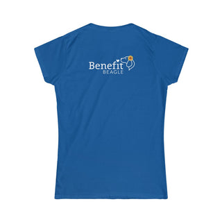 You are my Sunshine Women's Softstyle Tee in Royal. Shown is back of shirt featuring the Sunflower Benefit Beagle Logo. The front showcases a sunflower which is split down the middle and half is made out of paw prints. Underneath is the phrase "You are my Sunshine".