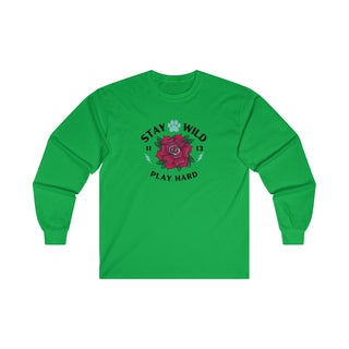 Stay Wild Ultra Cotton Long Sleeve Tee in Irish Green. The Stay Wild Design features a tattoo style rose with the phrase "Stay Wild, Play Hard" around it. The back of shirt features the Stay Wild Benefit Beagle Logo Design.