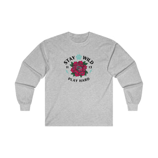 Stay Wild Ultra Cotton Long Sleeve Tee in Ash. The Stay Wild Design features a tattoo style rose with the phrase "Stay Wild, Play Hard" around it. The back of shirt features the Stay Wild Benefit Beagle Logo Design.