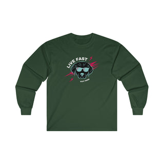 Play Hard Ultra Long Sleeve Tee in Forest Green. The design features a cool dog with sunglasses and lightening bolts around it. The phrase "Live Fast, Play Hard" is around the design.