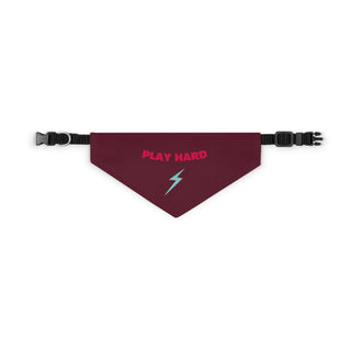 Play Hard Dog Collar Bandana in Maroon. The Play Hard design features the phrase "Play Hard" with a lightening bolt under it. Comes with adjustable black collar.